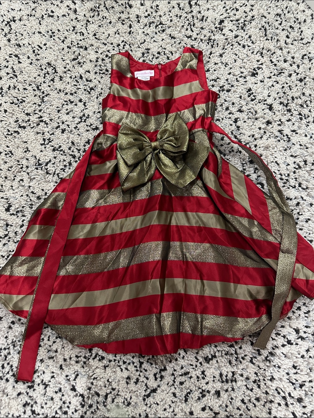 Bonnie Jean Red and Gold Glitter Stripe Dress